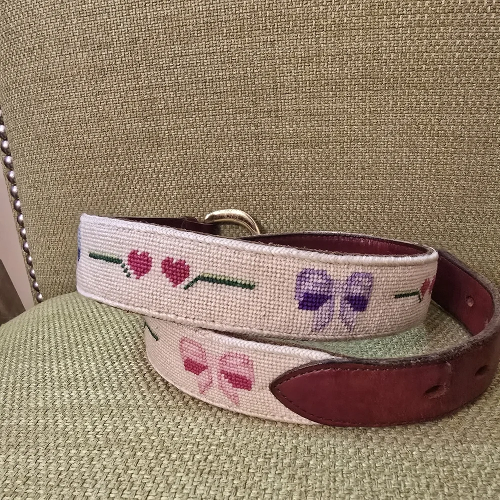 Vintage Bows & Hearts Handmade Needlepoint Leather Belt